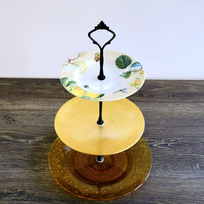Mismatched 3 Tiered Dessert Stand, Made with Spode & Vintage Indiana Glass Plates