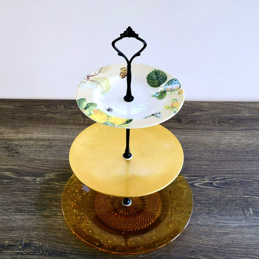 Mismatched 3 Tiered Dessert Stand, Made with Spode & Vintage Indiana Glass Plates