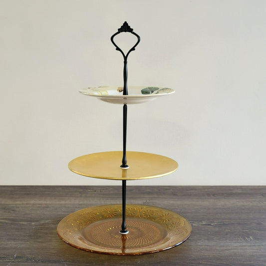 Mismatched 3 Tiered Dessert Stand, Made with Spode & Vintage Indiana Glass Plates