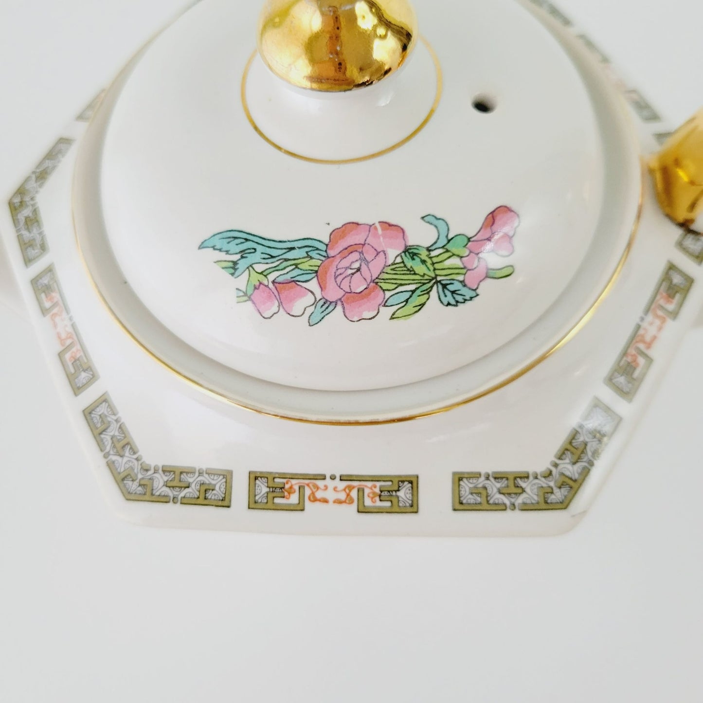 Vintage Sadler Indian Tree Teapot, Hexagonal Shape, Pink Oriental Floral Design, Gold Trim