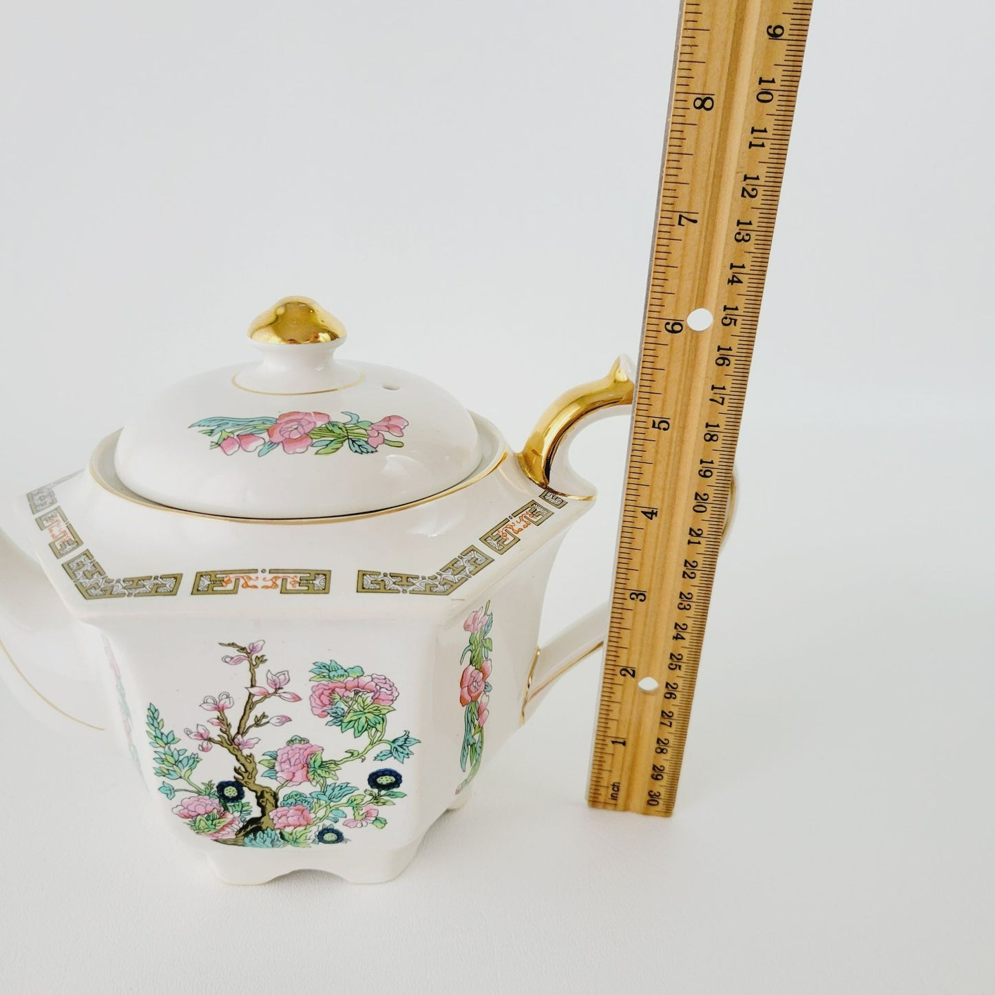Vintage Sadler Indian Tree Teapot, Hexagonal Shape, Pink Oriental Floral Design, Gold Trim