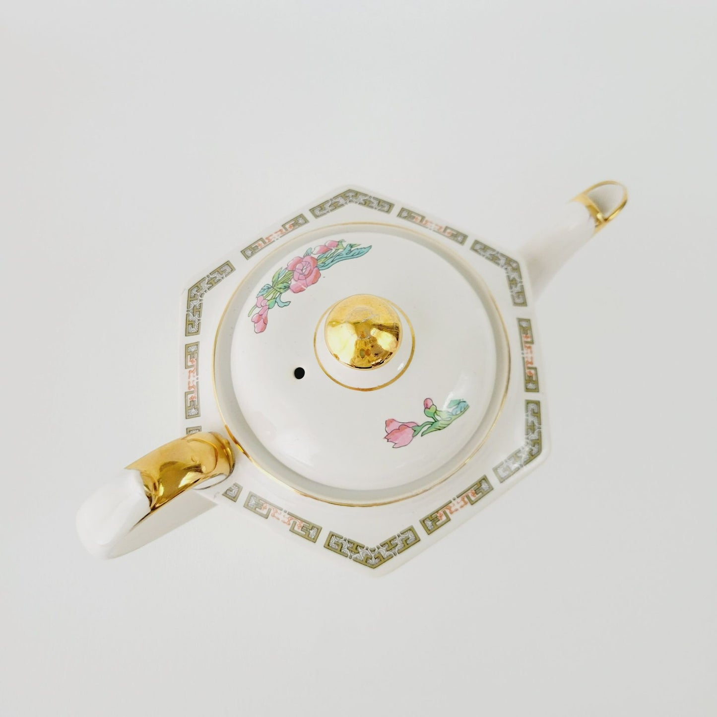 Vintage Sadler Indian Tree Teapot, Hexagonal Shape, Pink Oriental Floral Design, Gold Trim