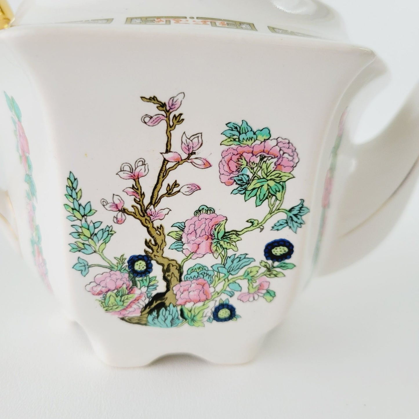 Vintage Sadler Indian Tree Teapot, Hexagonal Shape, Pink Oriental Floral Design, Gold Trim