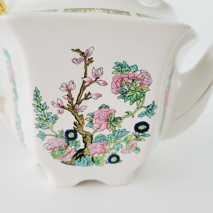 Vintage Sadler Indian Tree Teapot, Hexagonal Shape, Pink Oriental Floral Design, Gold Trim