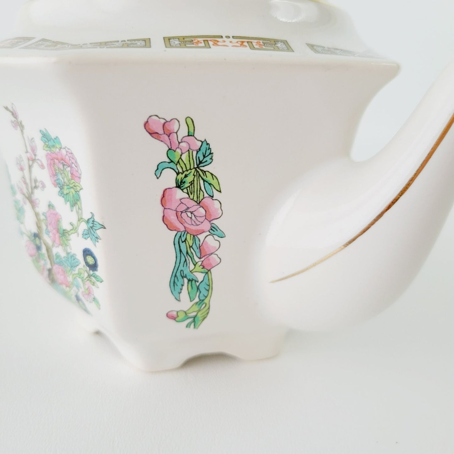 Vintage Sadler Indian Tree Teapot, Hexagonal Shape, Pink Oriental Floral Design, Gold Trim
