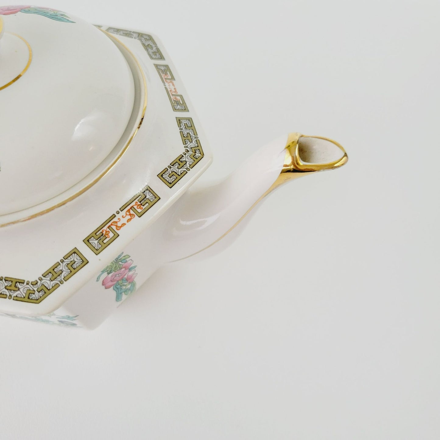 Vintage Sadler Indian Tree Teapot, Hexagonal Shape, Pink Oriental Floral Design, Gold Trim