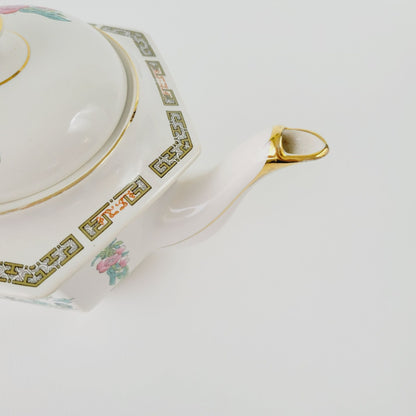 Vintage Sadler Indian Tree Teapot, Hexagonal Shape, Pink Oriental Floral Design, Gold Trim