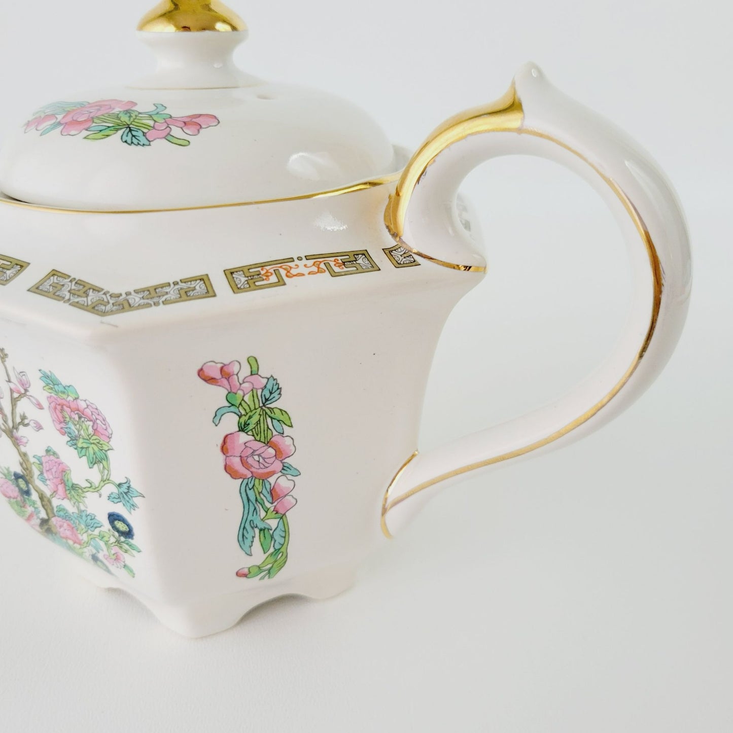 Vintage Sadler Indian Tree Teapot, Hexagonal Shape, Pink Oriental Floral Design, Gold Trim
