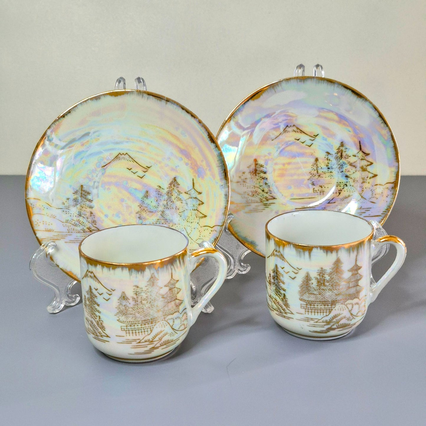 Lithophane Geisha Demitasse Cup and Saucer, 2 Sets, c.1920-40 Japan