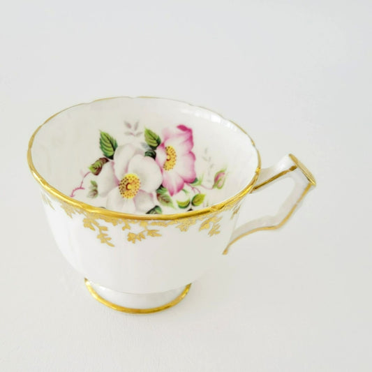 Aynsley Floral Gold Ivy Teacup, Pink & White Floral Design Inside, Gold Ivy Edge, English Bone China