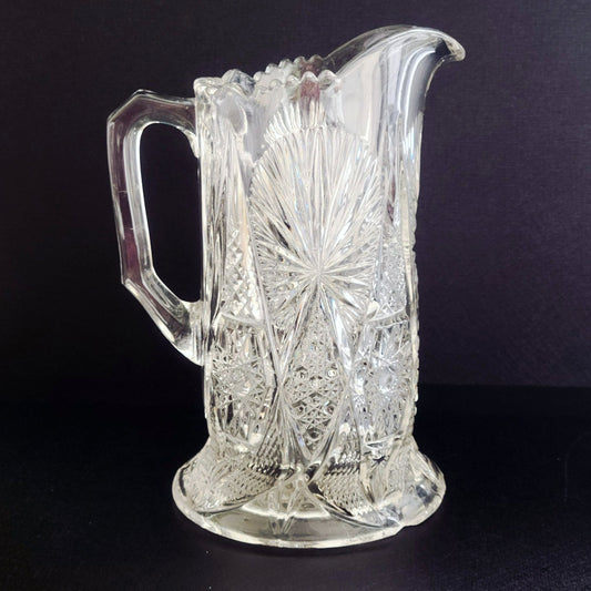 Antique EAPG 48fl. oz. Water Pitcher, US Glass Regal Clear, Star, Cane & Sawtooth, HEAVY, Vintage Pressed Glass Collection, Ice Tea Pitcher