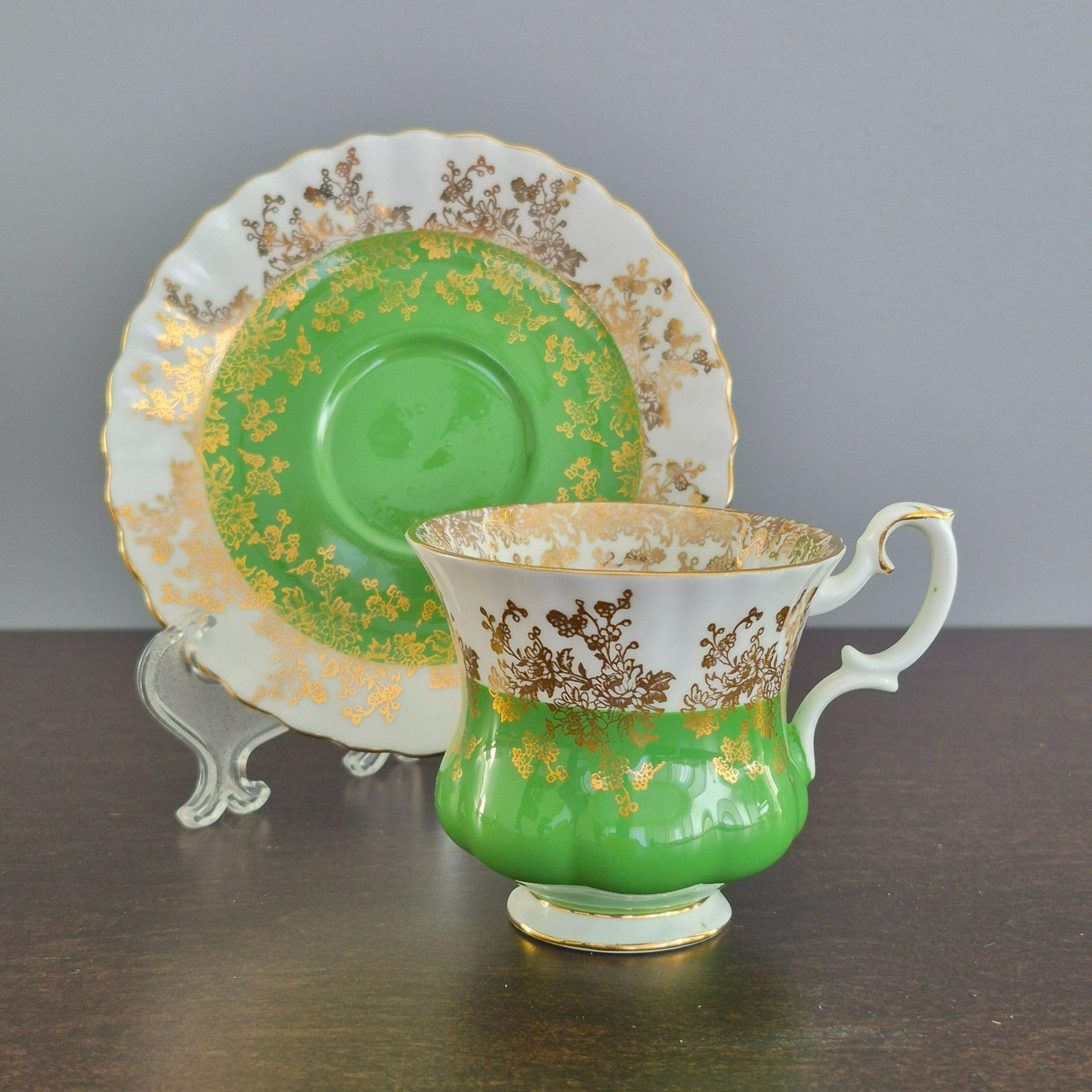 Royal Albert Regal Series Green & Gold Floral Demitasse Cup & Saucer, c.1970s England