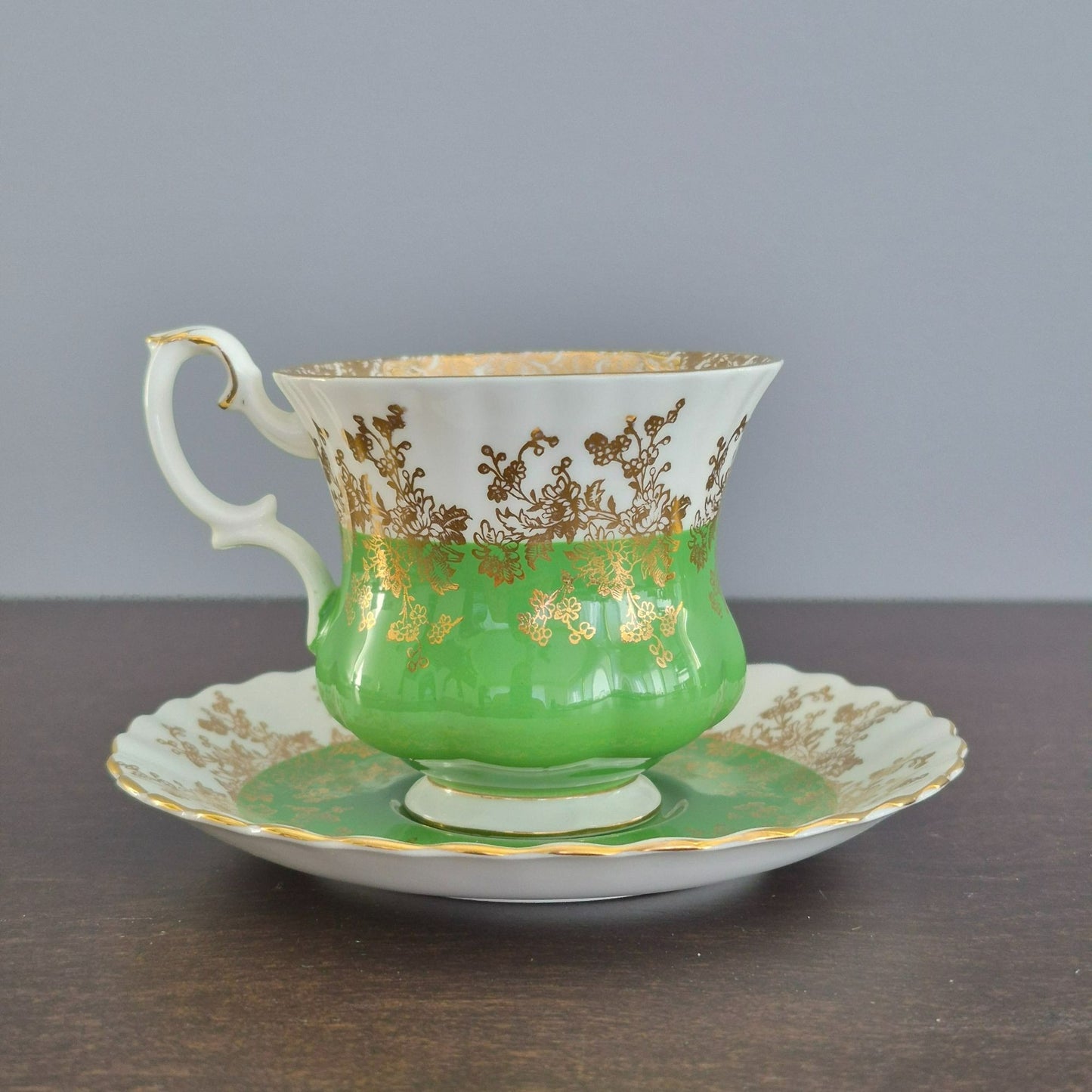 Royal Albert Regal Series Green & Gold Floral Demitasse Cup & Saucer, c.1970s England