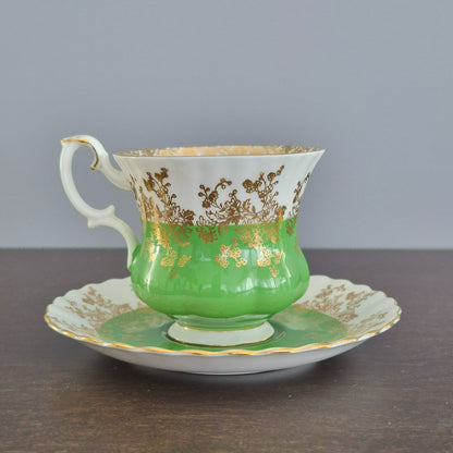 Royal Albert Regal Series Green & Gold Floral Demitasse Cup & Saucer, c.1970s England