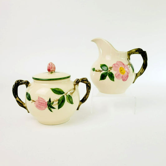 Franciscan Desert Rose Green Trim Sugar Bowl and Creamer, Vintage c.1949-53, Pink Floral Hand Painted & Embossed, USA Back Stamp