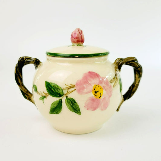 Franciscan Desert Rose Green Trim Sugar Bowl and Creamer, Vintage c.1949-53, Pink Floral Hand Painted & Embossed, USA Back Stamp