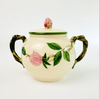 Franciscan Desert Rose Green Trim Sugar Bowl and Creamer, Vintage c.1949-53, Pink Floral Hand Painted & Embossed, USA Back Stamp