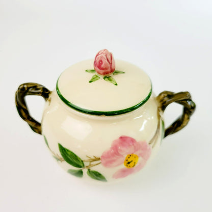 Franciscan Desert Rose Green Trim Sugar Bowl and Creamer, Vintage c.1949-53, Pink Floral Hand Painted & Embossed, USA Back Stamp