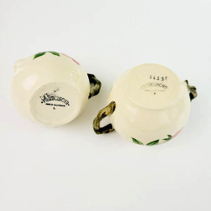 Franciscan Desert Rose Green Trim Sugar Bowl and Creamer, Vintage c.1949-53, Pink Floral Hand Painted & Embossed, USA Back Stamp