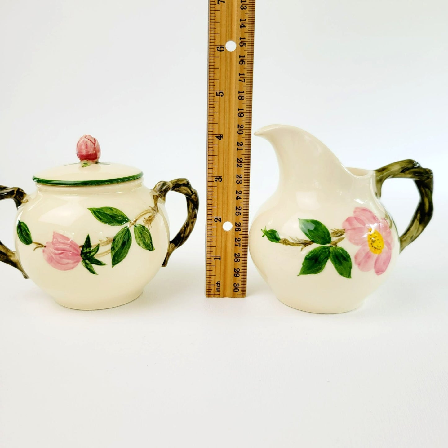 Franciscan Desert Rose Green Trim Sugar Bowl and Creamer, Vintage c.1949-53, Pink Floral Hand Painted & Embossed, USA Back Stamp