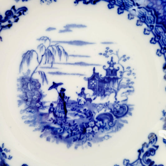 Antique Upper Hanley Pottery Geisha Flow Blue Soup Bowl, c.1895-1900 England