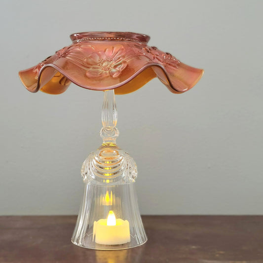 Vintage Upcycled Fairy Lamp, Floral Marigold Orange Carnival Glass Bowl with Crystal Goblet Base