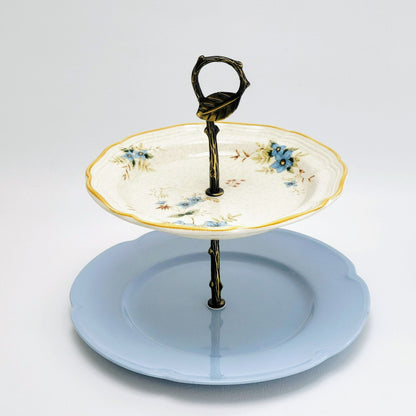 One of a Kind Vintage Mismatched 2 Tiered Dessert Stand, Blue & Beige, Floral Pattern