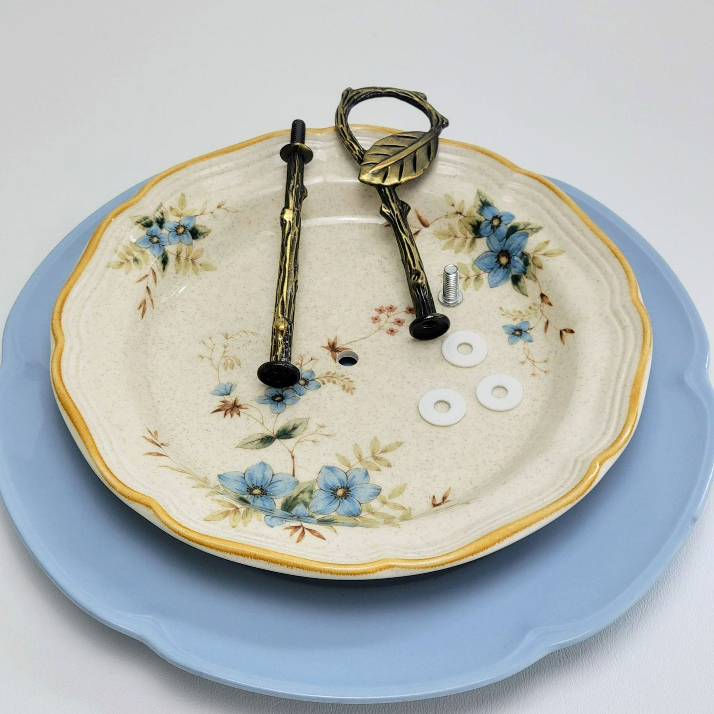 One of a Kind Vintage Mismatched 2 Tiered Dessert Stand, Blue & Beige, Floral Pattern