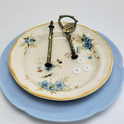One of a Kind Vintage Mismatched 2 Tiered Dessert Stand, Blue & Beige, Floral Pattern