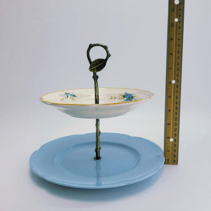 One of a Kind Vintage Mismatched 2 Tiered Dessert Stand, Blue & Beige, Floral Pattern