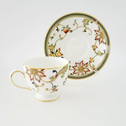 Wedgwood Oberon Footed Teacup & Saucer, Beige Green & Rust Floral Paisley Design, England