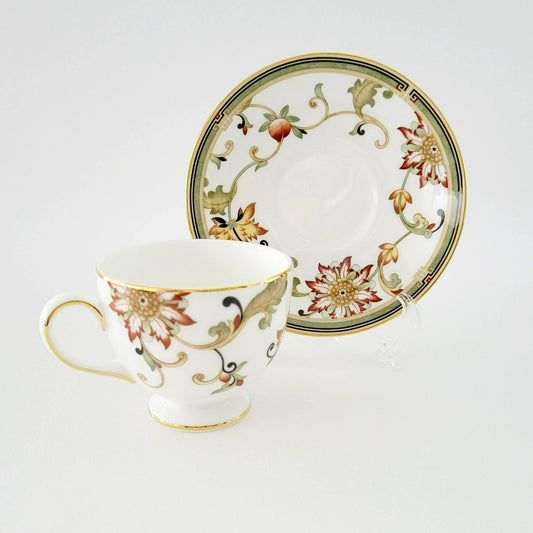 Wedgwood Oberon Footed Teacup & Saucer, Beige Green & Rust Floral Paisley Design, England