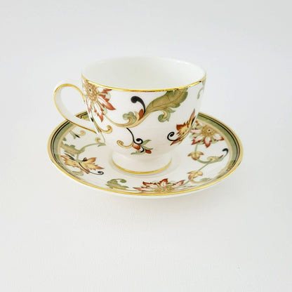 Wedgwood Oberon Footed Teacup & Saucer, Beige Green & Rust Floral Paisley Design, England