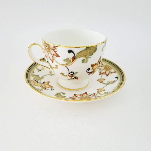 Wedgwood Oberon Footed Teacup & Saucer, Beige Green & Rust Floral Paisley Design, England