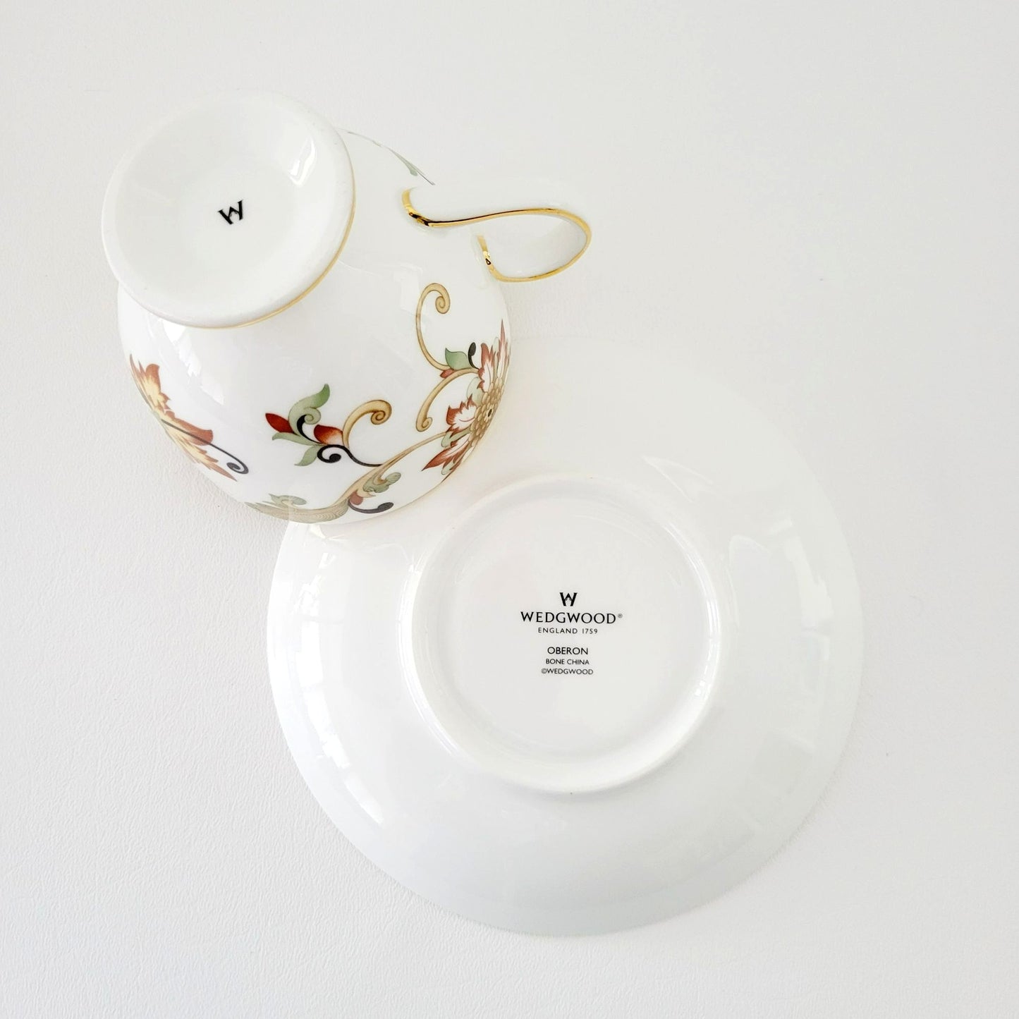 Wedgwood Oberon Footed Teacup & Saucer, Beige Green & Rust Floral Paisley Design, England