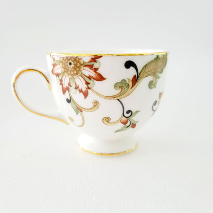 Wedgwood Oberon Footed Teacup & Saucer, Beige Green & Rust Floral Paisley Design, England