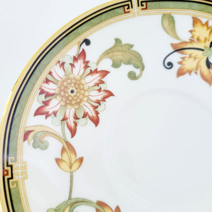 Wedgwood Oberon Footed Teacup & Saucer, Beige Green & Rust Floral Paisley Design, England