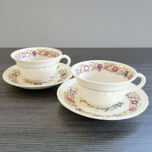 Wedgwood Cornflower Teacup & Saucer, 2 Sets, Red Floral & Wheat Center, Shell Edge c.1940-64 England