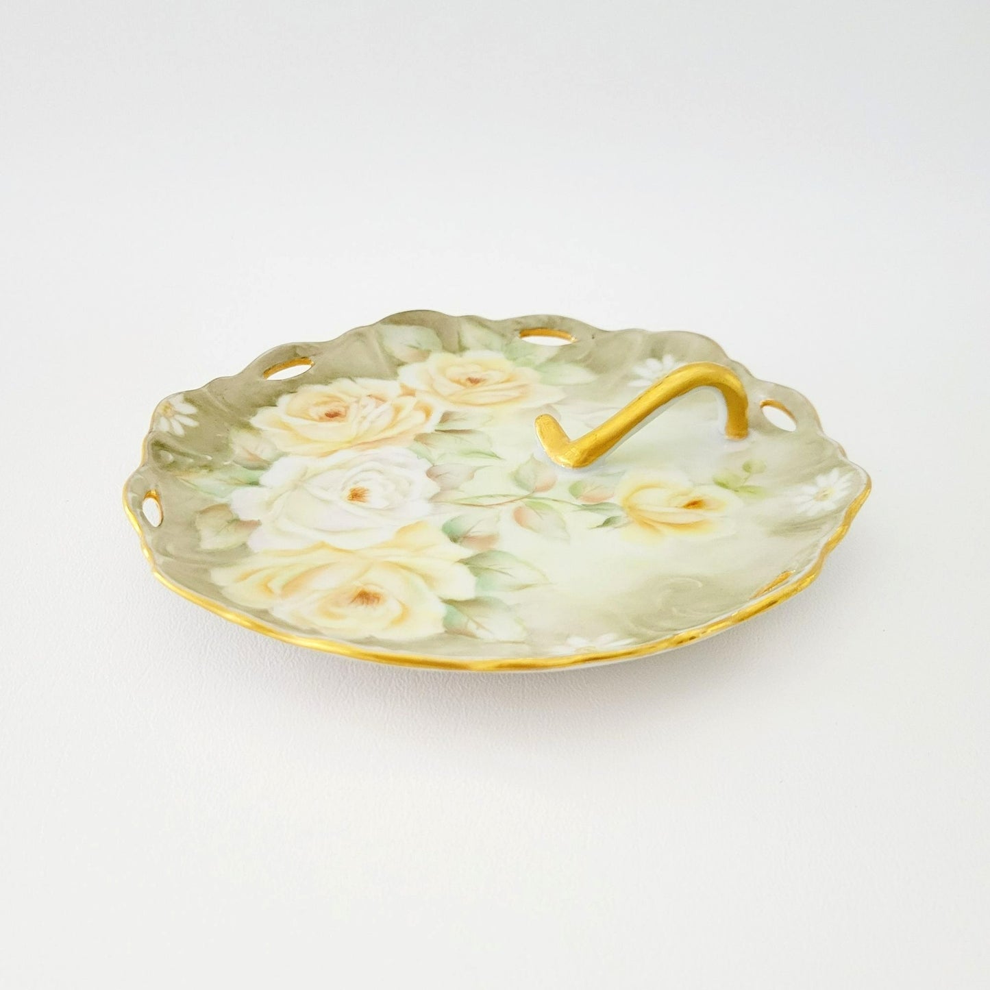 Hand Painted Floral Lemon Server Tray, Elegant Moss Green with Peach & White Roses & Gold Trim, Signed 1964, Unique Vanity Tray