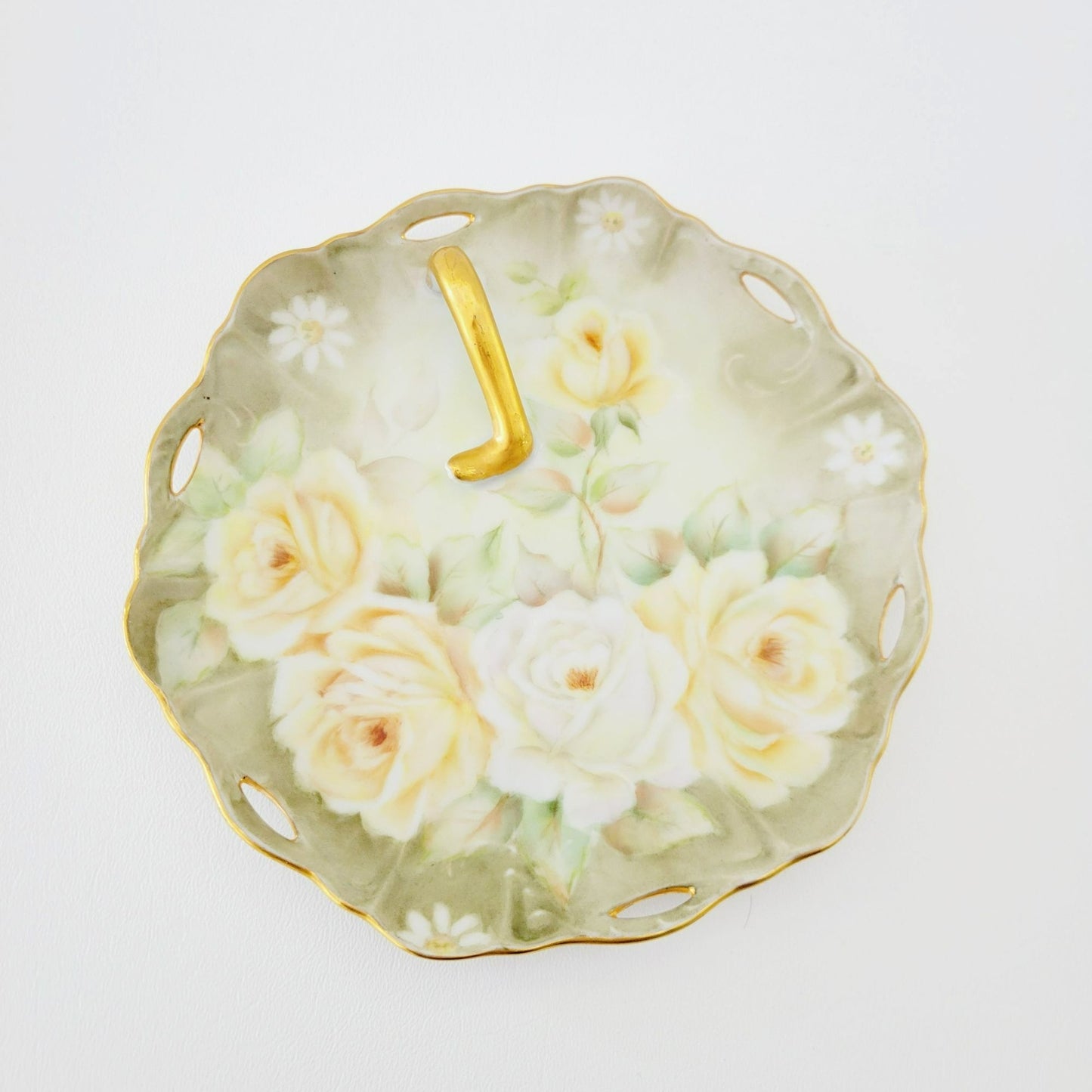 Hand Painted Floral Lemon Server Tray, Elegant Moss Green with Peach & White Roses & Gold Trim, Signed 1964, Unique Vanity Tray