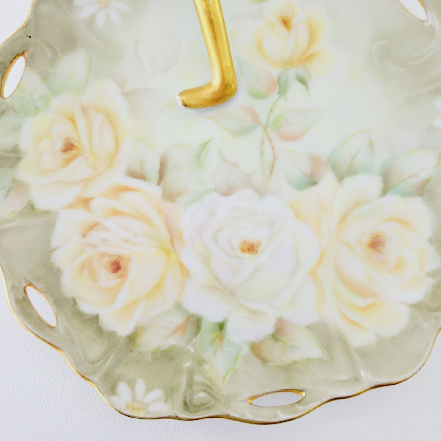 Hand Painted Floral Lemon Server Tray, Elegant Moss Green with Peach & White Roses & Gold Trim, Signed 1964, Unique Vanity Tray