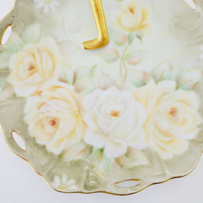 Hand Painted Floral Lemon Server Tray, Elegant Moss Green with Peach & White Roses & Gold Trim, Signed 1964, Unique Vanity Tray