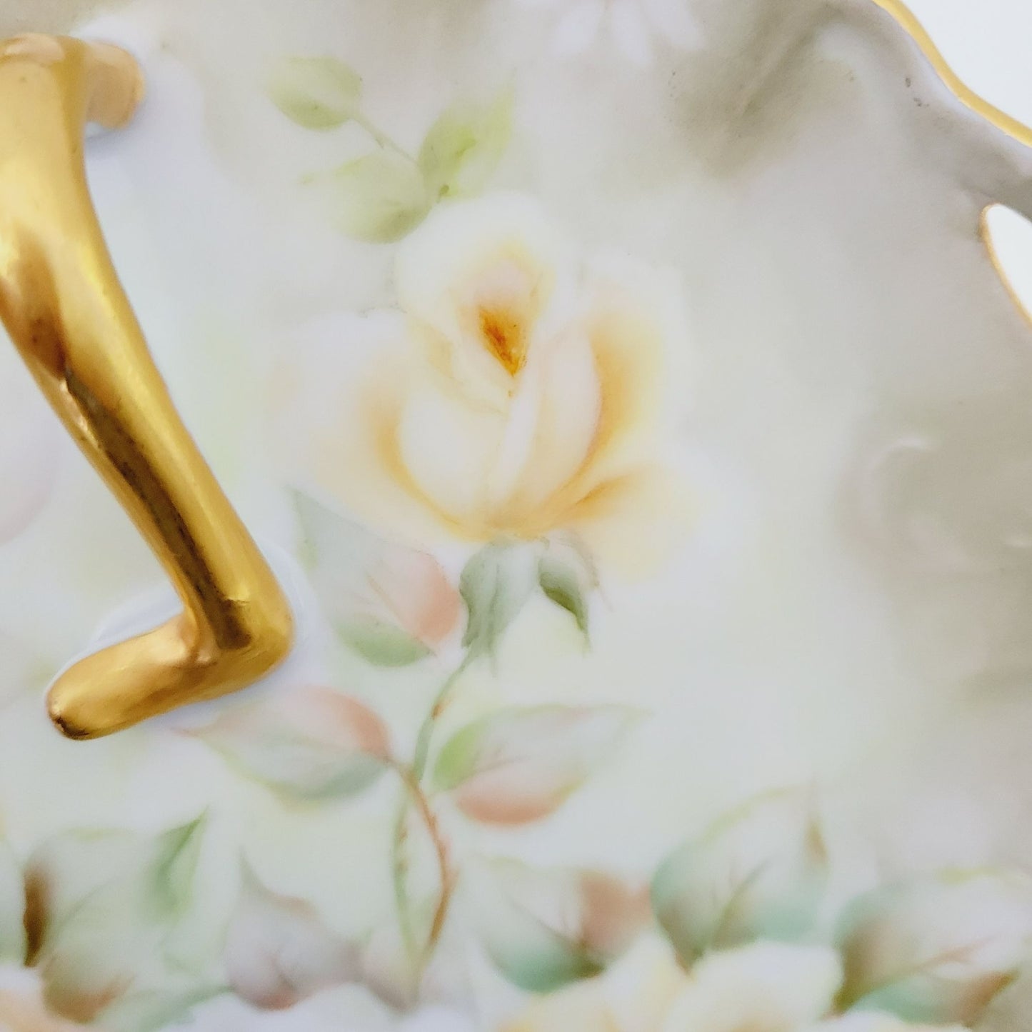 Hand Painted Floral Lemon Server Tray, Elegant Moss Green with Peach & White Roses & Gold Trim, Signed 1964, Unique Vanity Tray