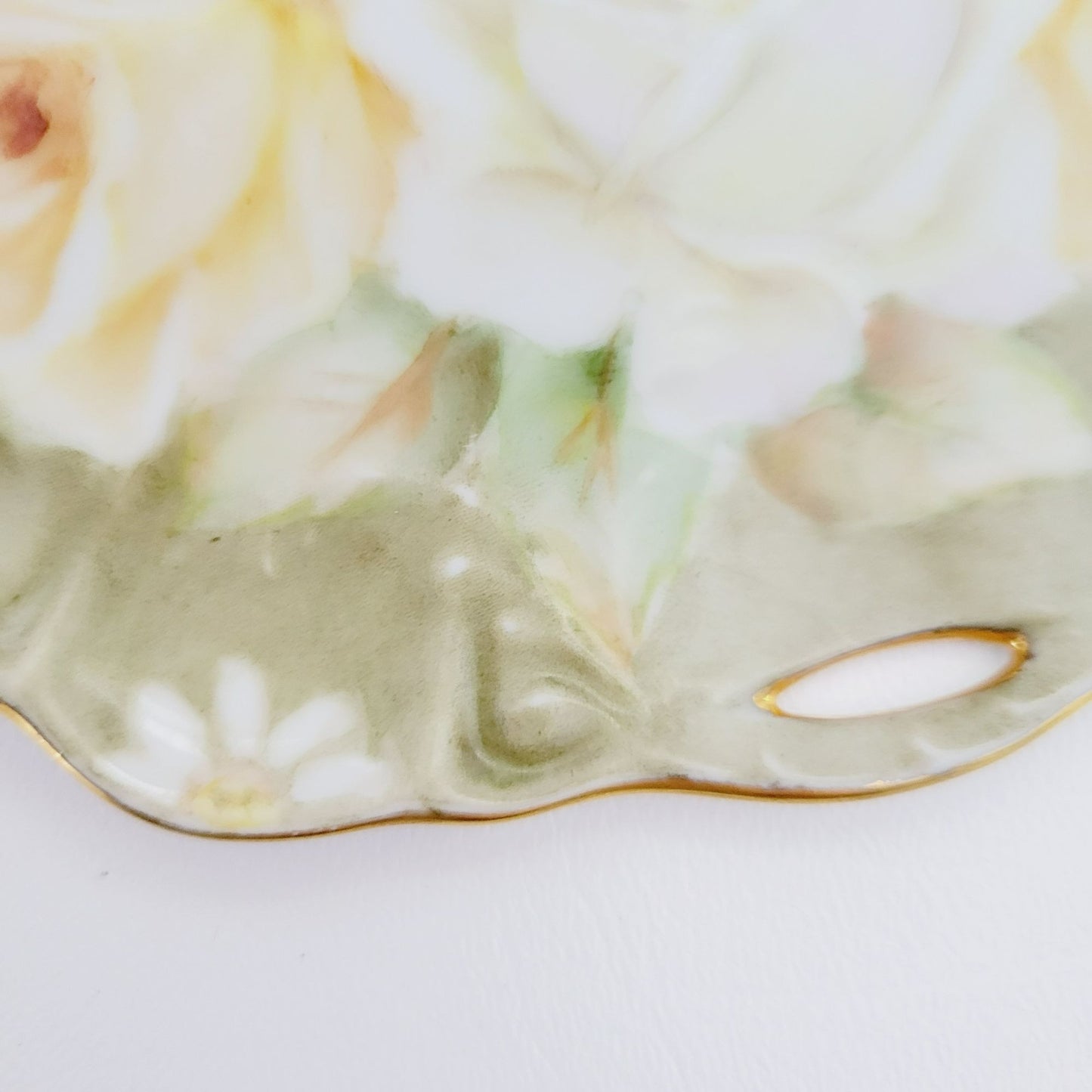 Hand Painted Floral Lemon Server Tray, Elegant Moss Green with Peach & White Roses & Gold Trim, Signed 1964, Unique Vanity Tray