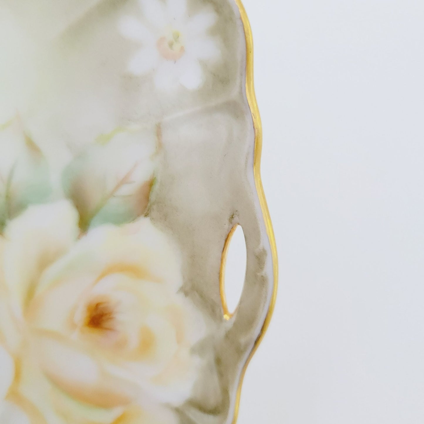 Hand Painted Floral Lemon Server Tray, Elegant Moss Green with Peach & White Roses & Gold Trim, Signed 1964, Unique Vanity Tray