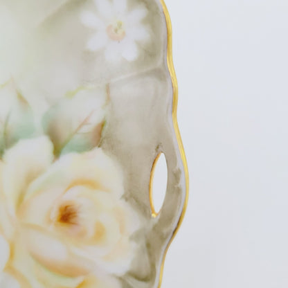 Hand Painted Floral Lemon Server Tray, Elegant Moss Green with Peach & White Roses & Gold Trim, Signed 1964, Unique Vanity Tray