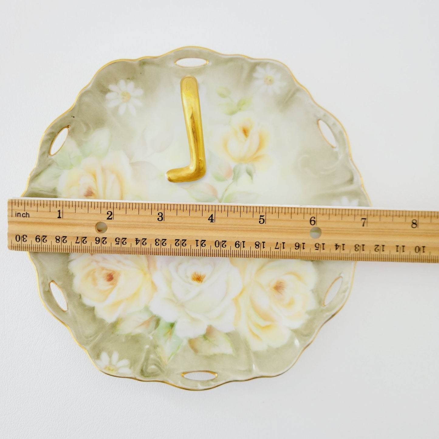Hand Painted Floral Lemon Server Tray, Elegant Moss Green with Peach & White Roses & Gold Trim, Signed 1964, Unique Vanity Tray