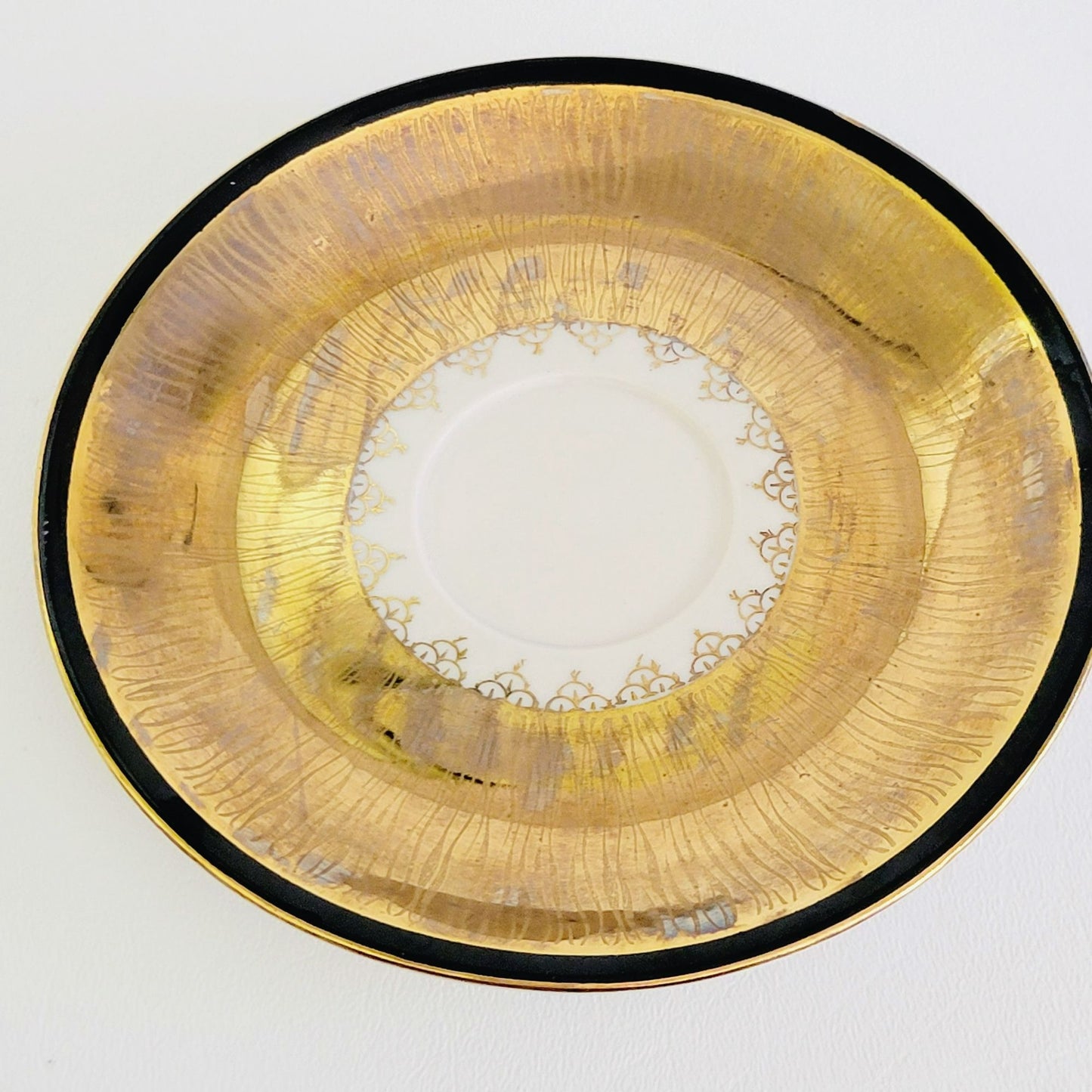 Vintage German Heavy Gold Teacup, Saucer & Plate Set Gold Cream and Black Art Deco, Reme Qualitative Porzellan Western Germany