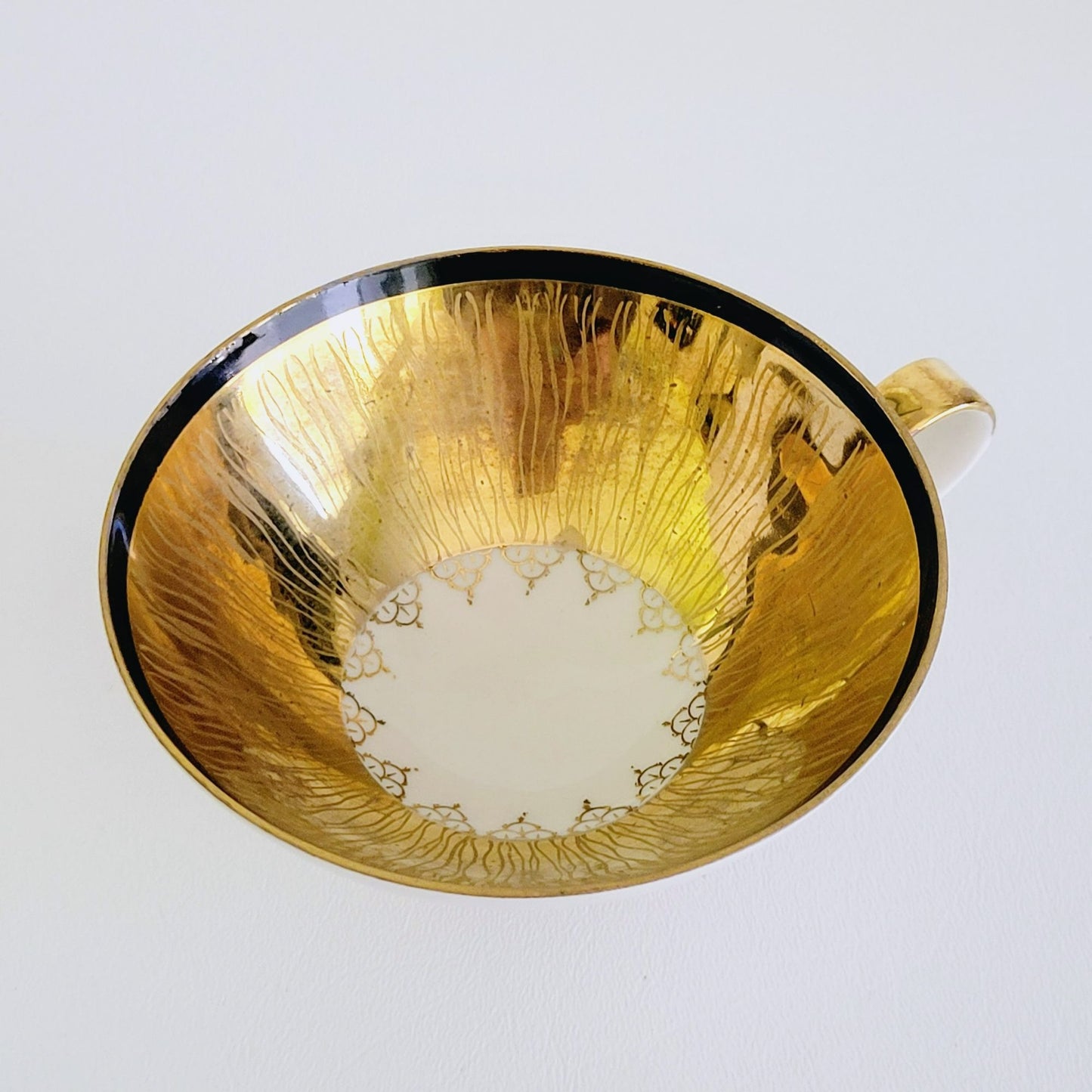 Vintage German Heavy Gold Teacup, Saucer & Plate Set Gold Cream and Black Art Deco, Reme Qualitative Porzellan Western Germany