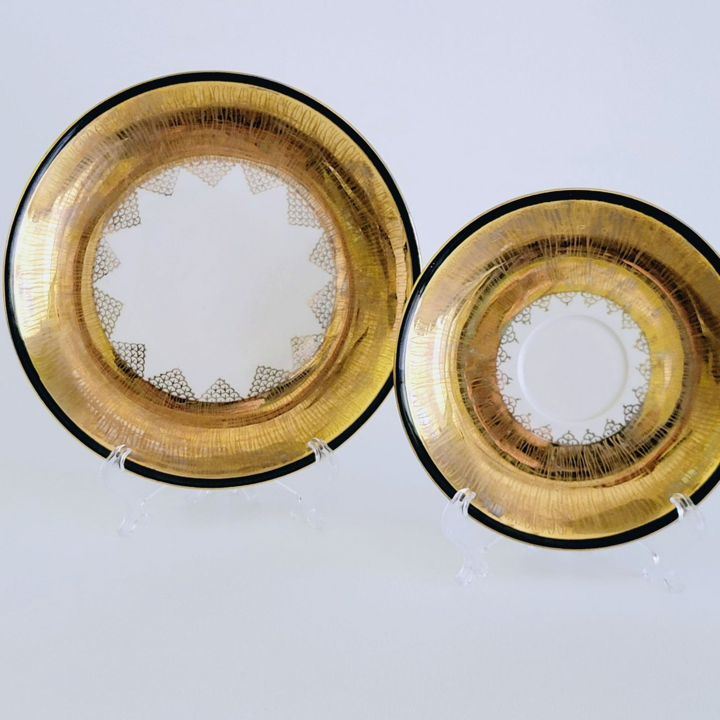 Vintage German Heavy Gold Teacup, Saucer & Plate Set Gold Cream and Black Art Deco, Reme Qualitative Porzellan Western Germany
